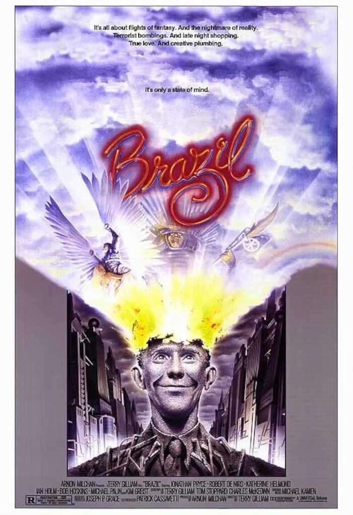 A cover for the film Brazil that shows a man's mind exploding
