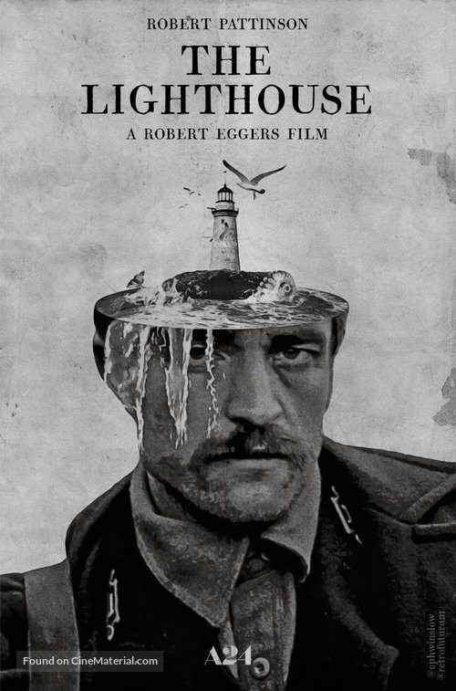 Black and white poster of The Lighthouse that shows a surreal image of a lighthouse on a man's head